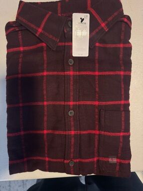 Express Men's Burgundy Shirt with Red Plaid